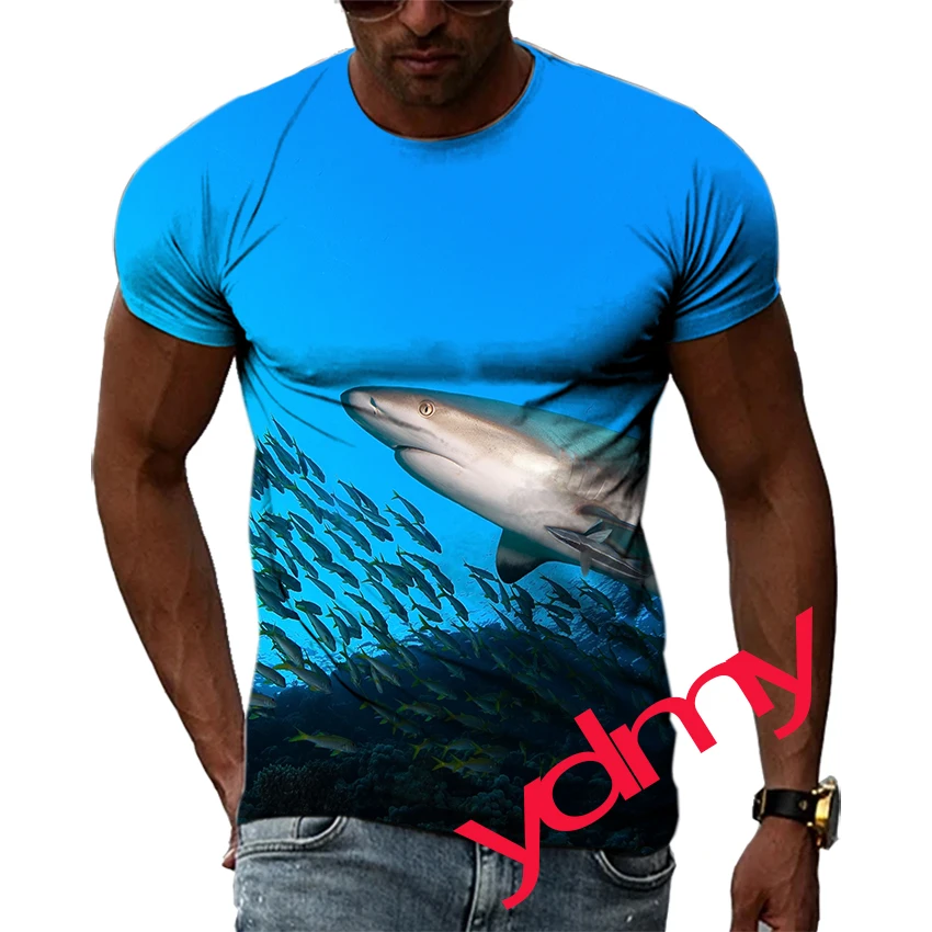 

Tide Fashion Summe Whale Shark Picture Men's T-shirt Casual Print Tees Hip Hop Personality Round Neck Short Sleev Quick Drying