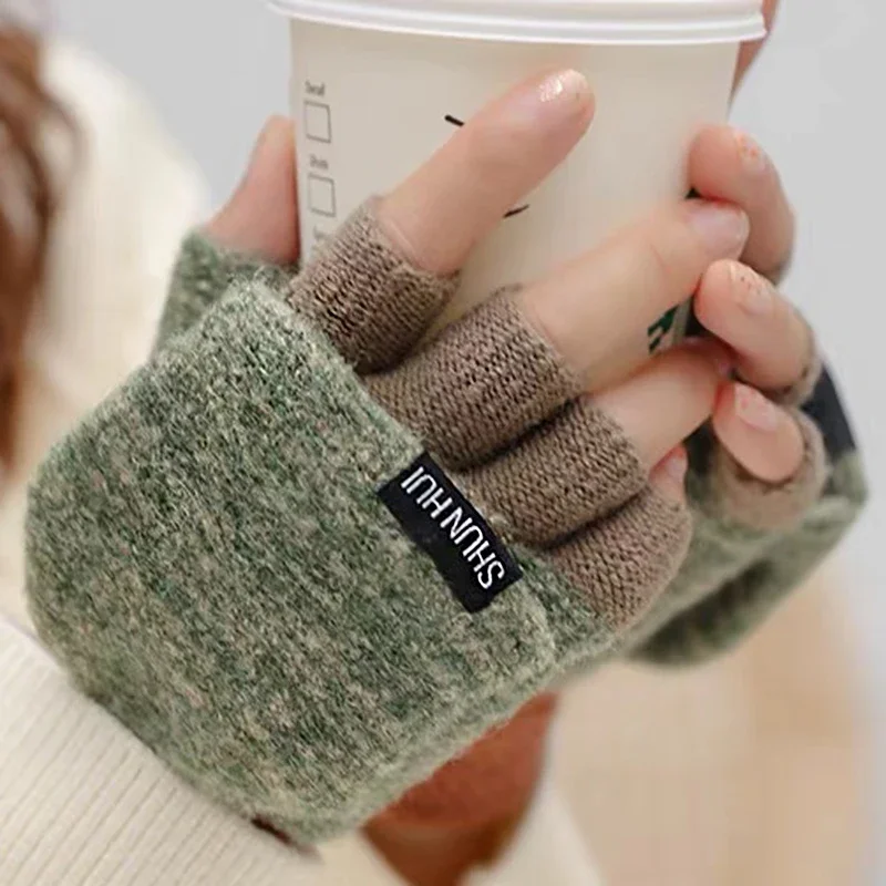 1pair Women's Open Finger Knitted Wool Writing Gloves For Autumn