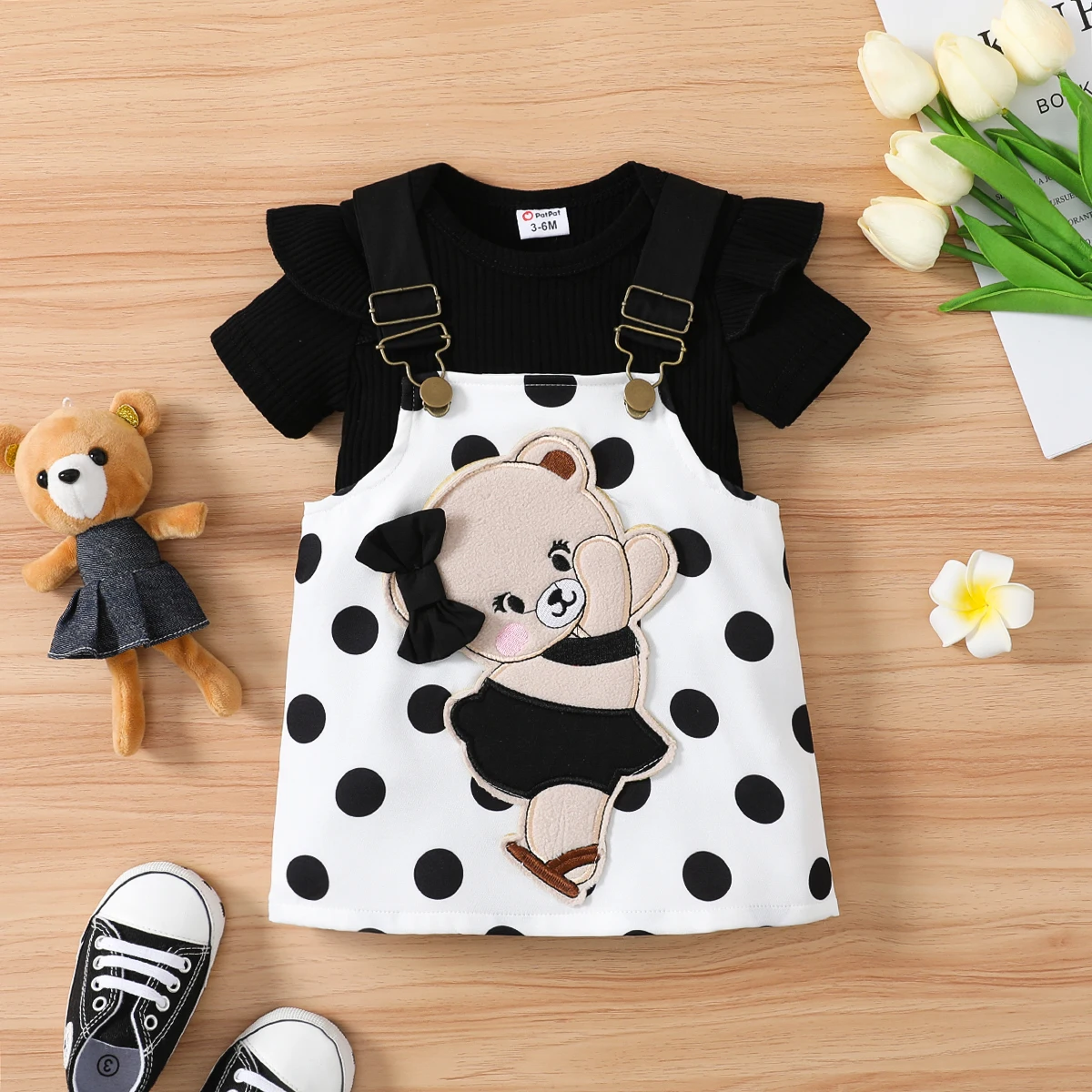 2pcs PatPat Baby Dresses Baby Girl 95% Cotton Ruffle Trim Short-sleeve Romper and Bear Graphic Polka Dots Overall Dress Sets