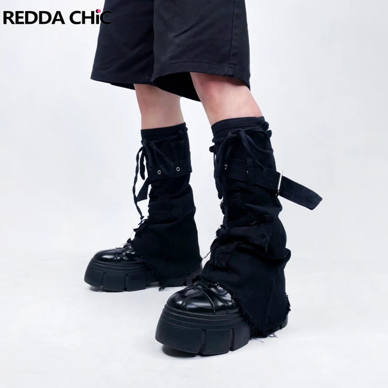 

REDDACHiC Men Black Cross Patchwork Denim Leg Warmers Raw Edge Self-belt Ruched Long Socks Cyberpunk Retro Y2k Korean Streetwear