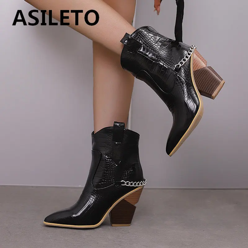 

ASILETO Women Western Ankle Boots Pointed Toe Block Heels 10cm Slip On Plaid Chain Plus Size 46 47 48 Casual Daily Lady Booty