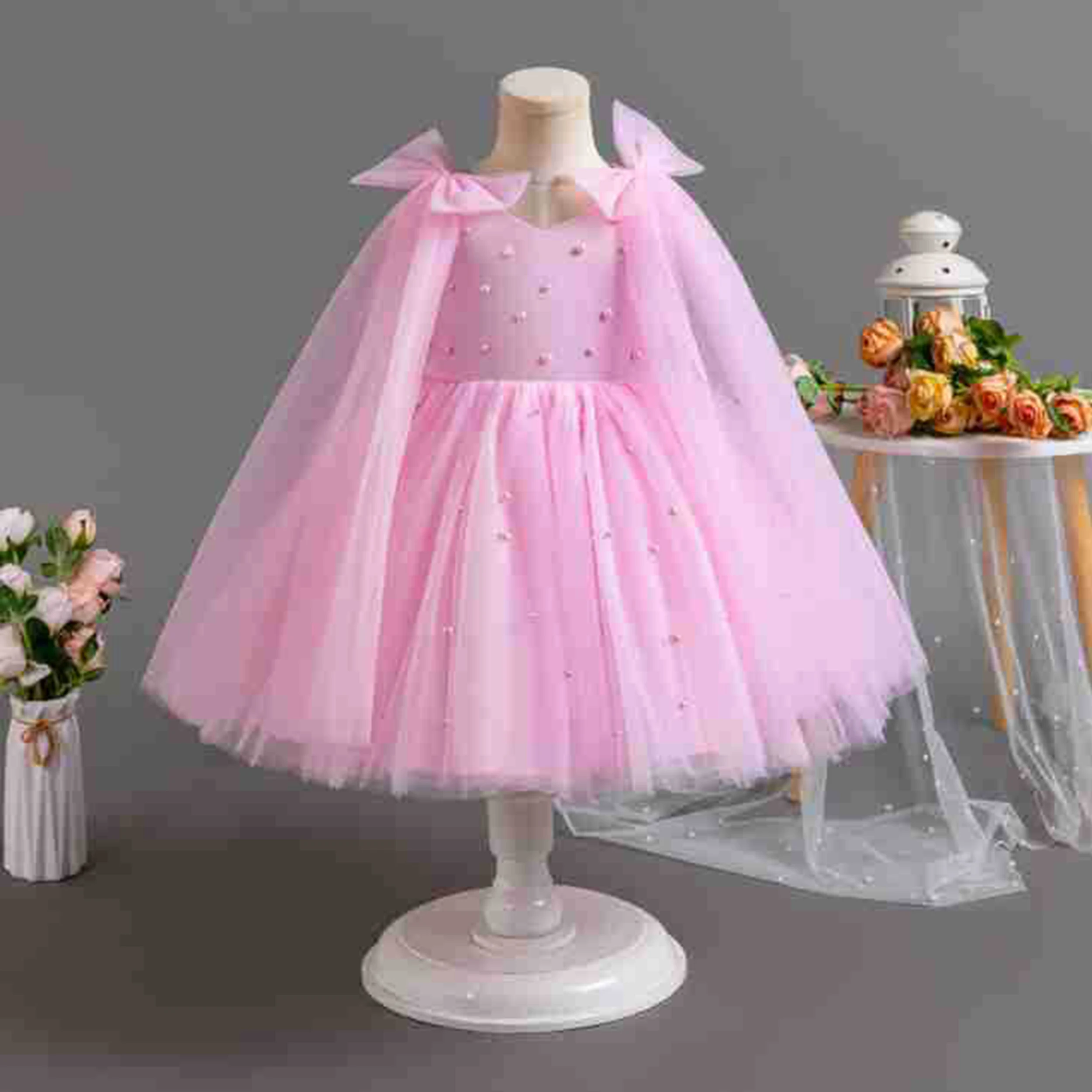 AmyStylish Baby Little Girls Double Bow Beaded Flower Girl Dress Birthday Party Pageant Holiday Dress