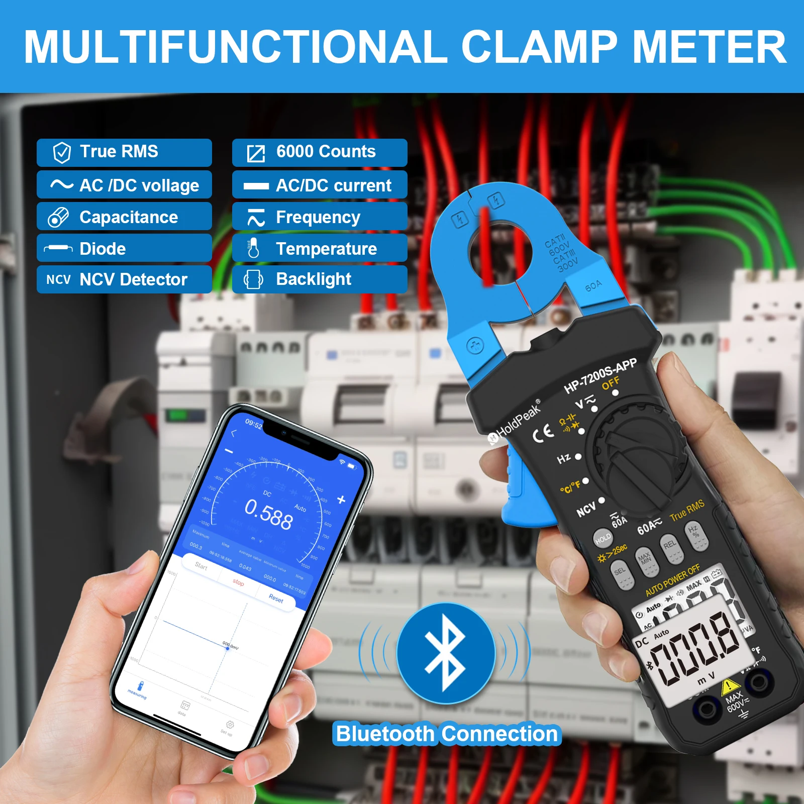 Digital Clamp Meters,Multimeter AC/DC Voltage Current Resistance Capacitance NCV Bluetooth APP CAT III 300V Lightweight