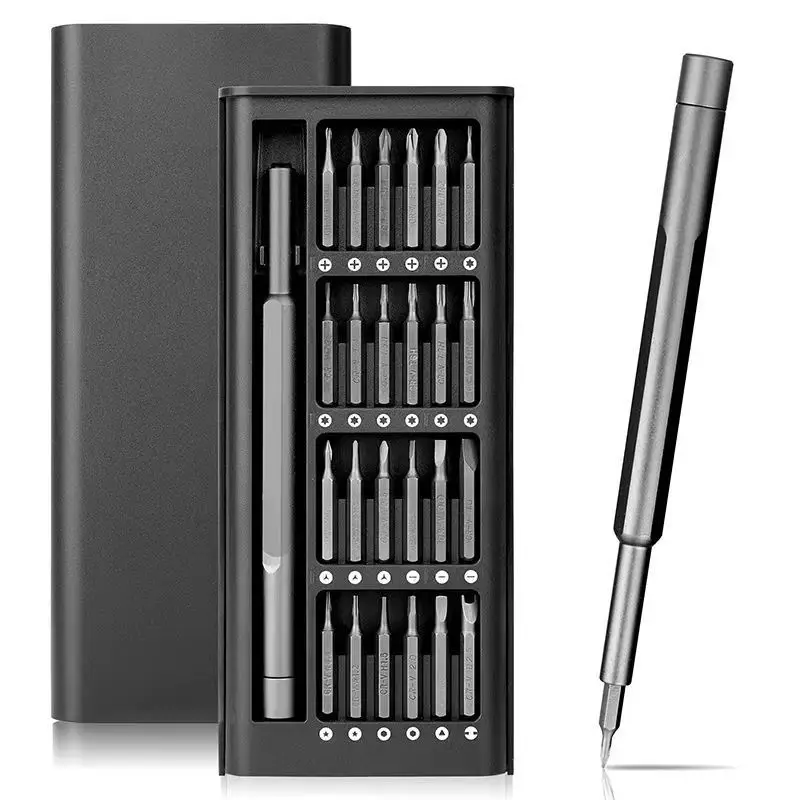 Étui de rangement contenant les 25 embouts du jeu de tournevis mini, outils de réparation de précision pour électronique.