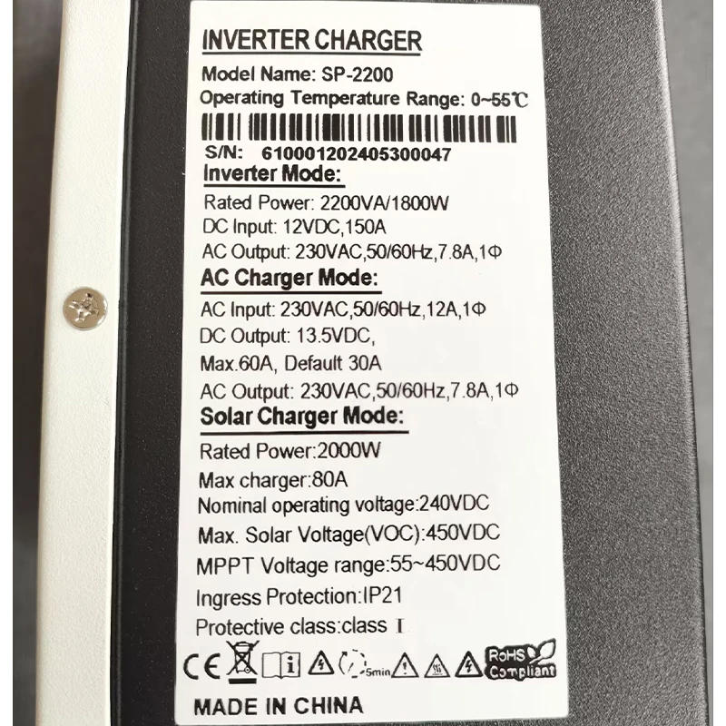 하이브리드 태양광 인버터, MPPT 태양광 컨트롤러, 리튬 배터리 호환, 최대 PV 450VDC, 1800W, 12V  220V, 230V, 80A 내장