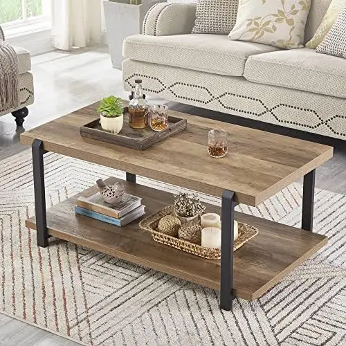 

Coffee Table with Shelf, Wood and Metal Rustic Cocktail Table for Living Room, Oak Small coffee table Table top Small end table