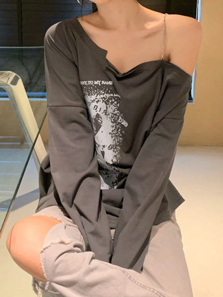 American Retro Print T-shirt Women Long Sleeve Off Shoulder