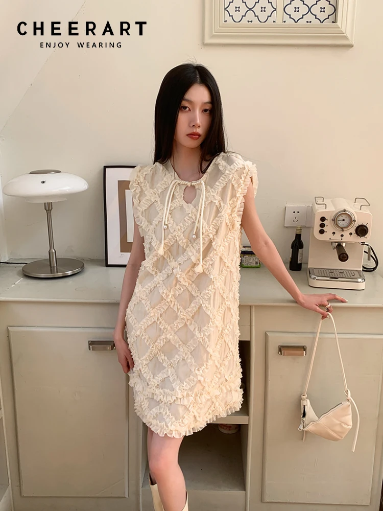 

CHEERART, дизайнерское бежевое короткое платье без рукавов для женщин, лето 2023, Драпированное, свободное, модное мини-платье