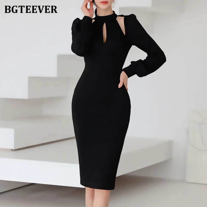 

BGTEEVER Elegant Stand Collar Women Hollow Out Bodycon Skinny Dress Autumn Stylish Full Sleeve Slim Female Package Hip Dress