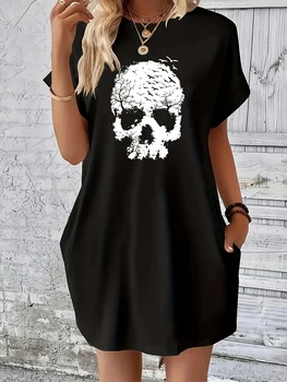 Women's Summer Loose Skull Print Round Neck Short Sleeve Pockets Comfortable Casual Plus Size Dress