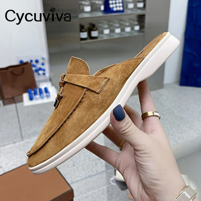 

High Quality Suede Half Slippers Women Spring Mules Shoes Metal Decor Ladies Slides Thick Sole Casual Flat Shoes Woman