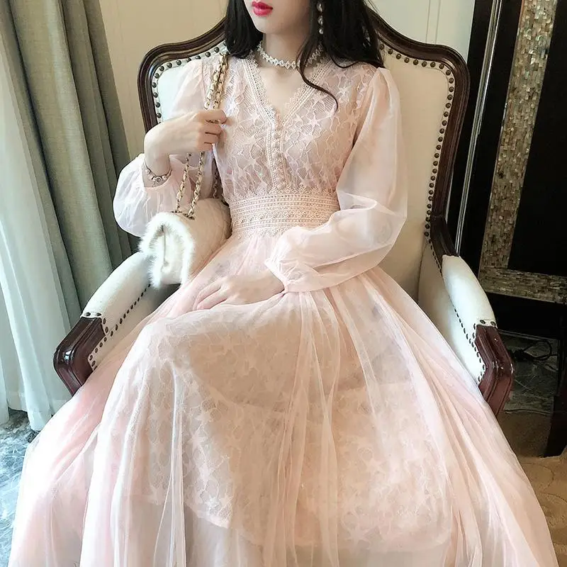 

Fashion V-Neck Lace Spliced Gauze Puff Sleeve Party Dress Female Clothing 2024 Spring Summer New Loose Sweet Long Dress