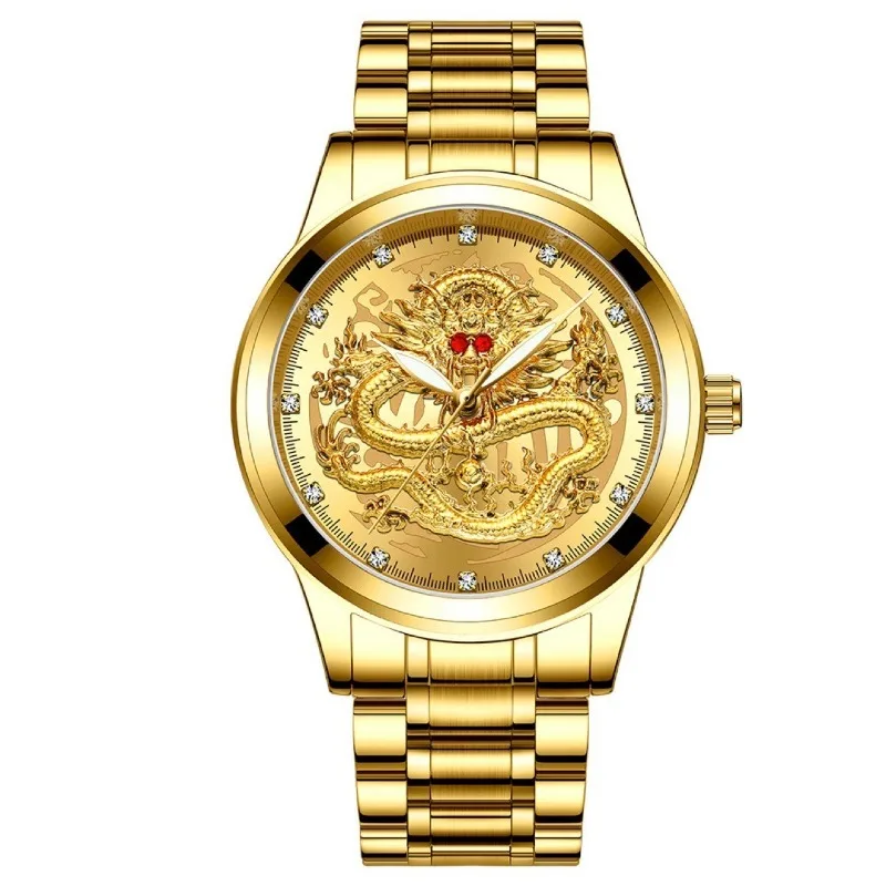 Men's Watch Steel Belt Luminous Diamond Inlaid Relief Golden Dragon Ruby Dragon Face Quartz Watch