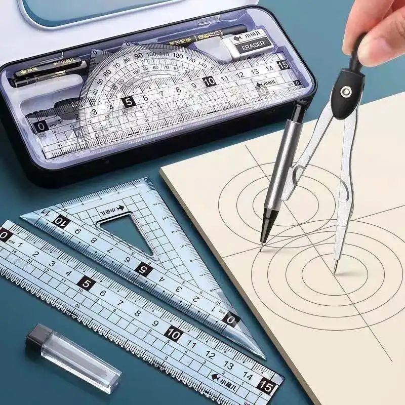 8Pcs Compass Pencil Rubber Pencil Sharpener Ruler Set Student Stationery Geometric Mathematics Drawing Tools School Supplies