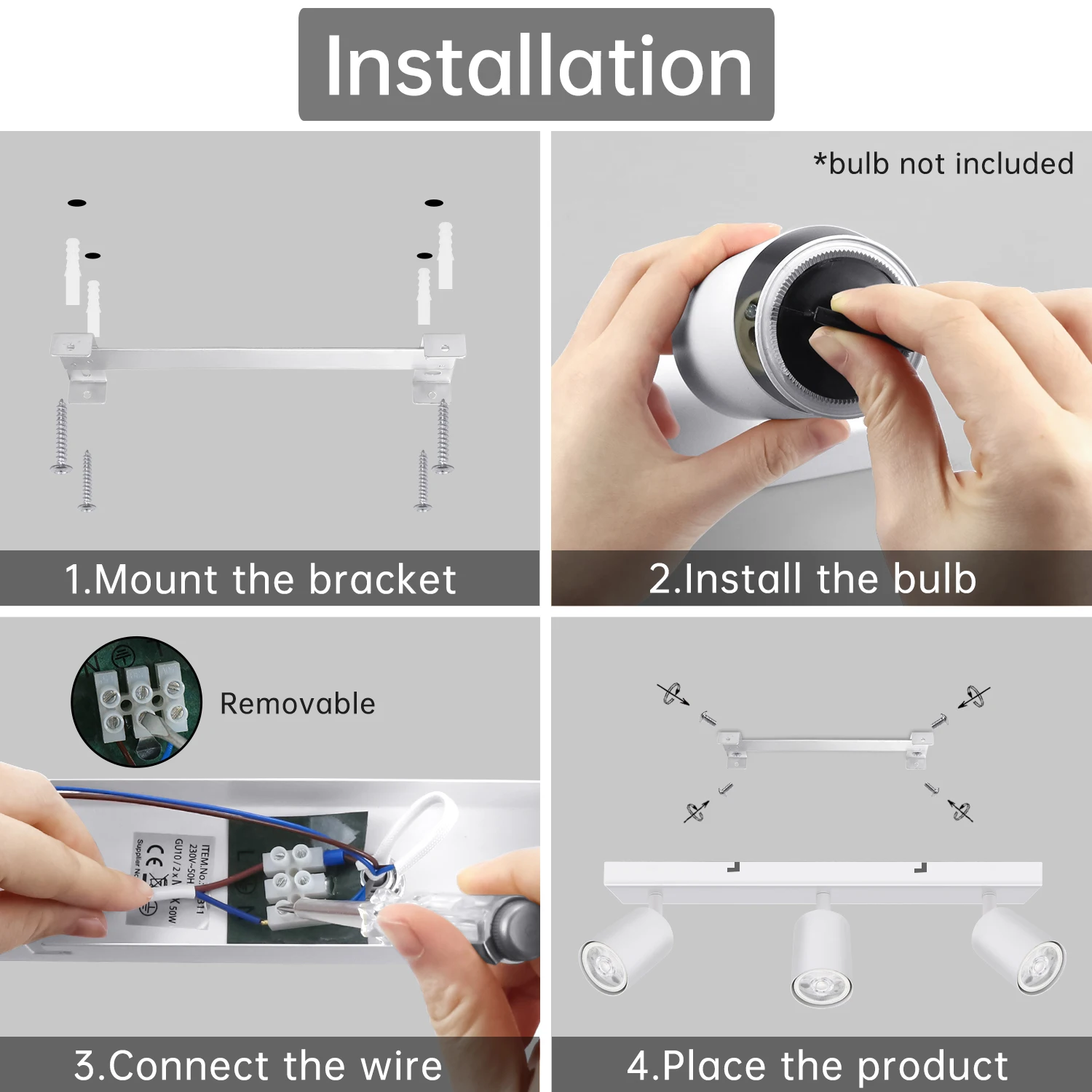 Kimjo LED 천장 조명, 3/4 방향 스포트라이트 피팅, 흰색 모던 GU10, 회전 가능한 벽 조명, 전구 없음