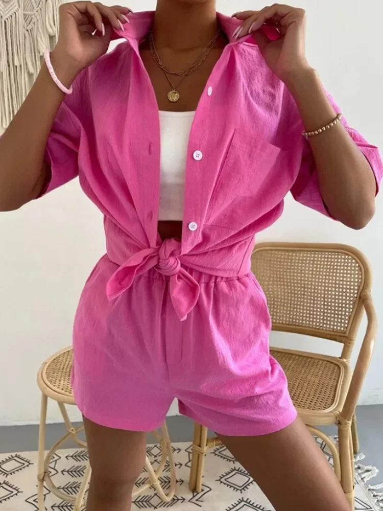 Ensemble Femme Chemisier + Pantalon Jogging - Coton Et Lin, Couleur Unie, Décontracté (printemps/été) - 2