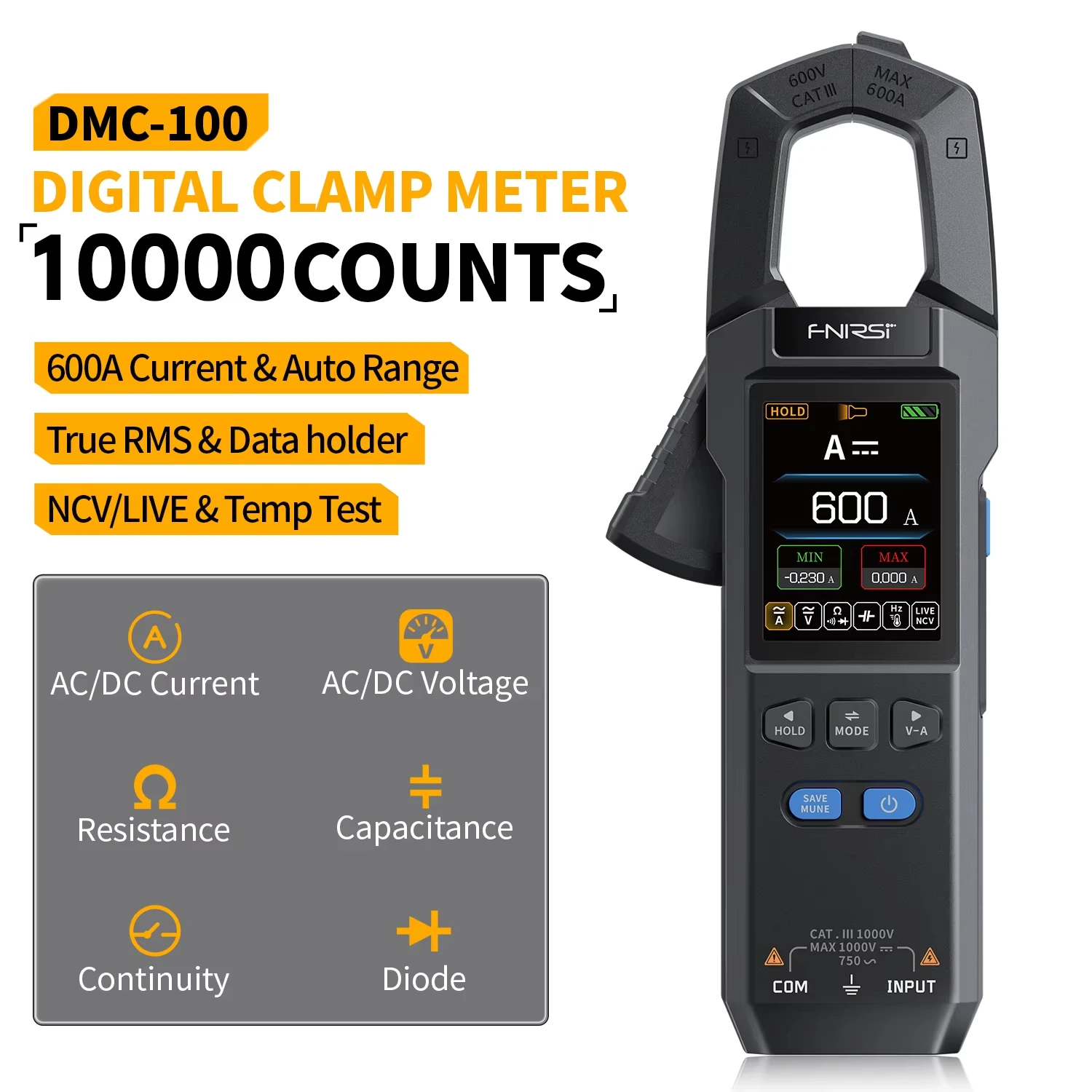 Digital Multimeter 10000 Counts USB rechargeable DC AC Current Clamp Meter 600A Amperimetric Clamp capacitance Electrician Tool