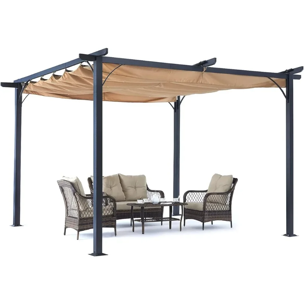 

Patio Pergola 10x10 - Outdoor Sun Shade Canopy With Retractable Shade for Garden Porch Backyard (Khaki) Camping Tent Tents Beach