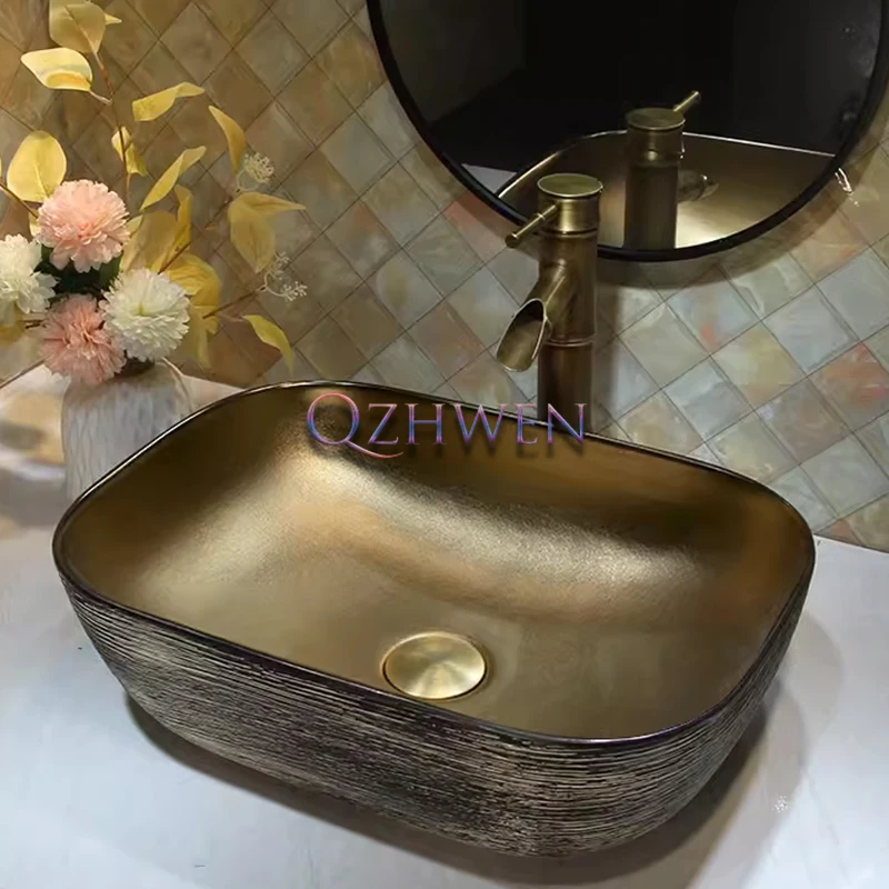 

38/40/45cm Luxury Gold Sink Modern Ceramic Washbasin Hotel Washroom Countertop Art Basin European Hand Wash Sink with Faucet Set