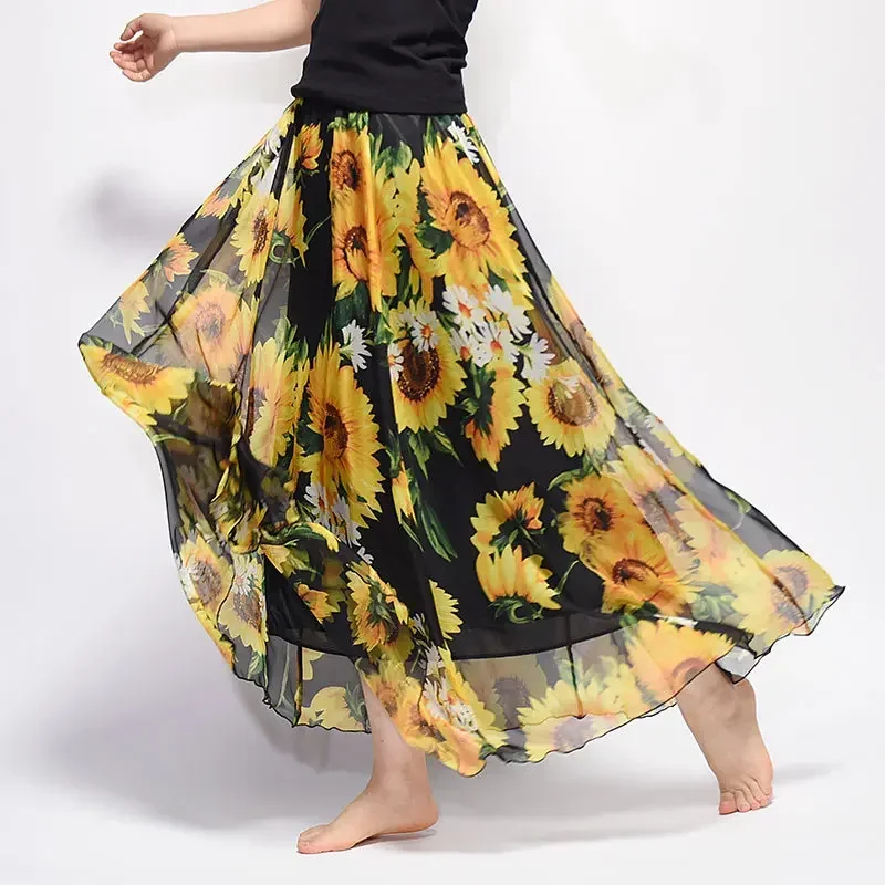 2024 New Vintage Beach Dress Boho Skirt Printed Chiffon Skirt  Long Skirt Fashionable and Luxurious Skirts