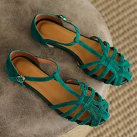Women's natural suede leather narrow band braided t-strap flats sandals round toe casual female footwear summer shoes for women - Image 3