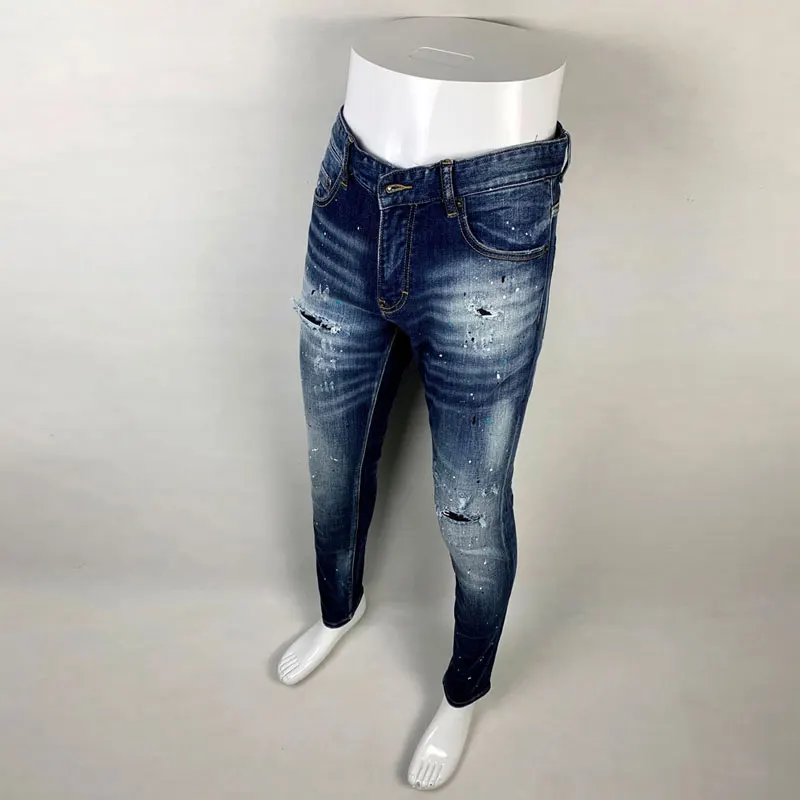 High Street Fashion Men Jeans Retro Blue Stretch Skinny Fit Hole Ripped Jeans Men Painted Designer Hip Hop Brand Pants Hombre