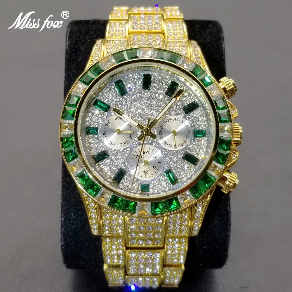 MISSFOX Iced Out Men Watch Top Brand Fashion Diamond Gold Quartz Watches Luxury Classic Hip Hop Waterproof Male Clock Party Gift magician clock prop writable paper clock easy to clean funny tricks gimmicks casual tricks accessories for street party