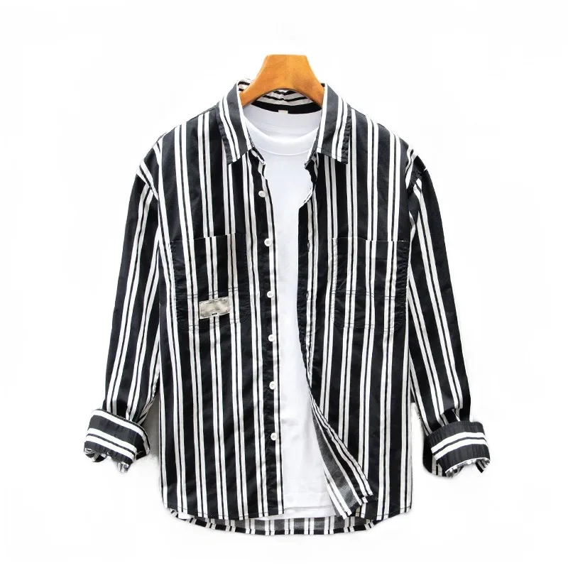 

Японская полосатая рубашка с длинным рукавом для мужчин, весна и осень, повседневная литературная Молодежная универсальная свободная хлопковая рубашка