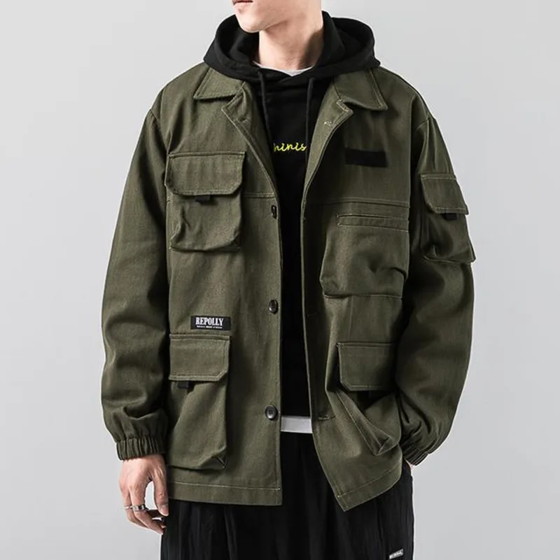Muti-pockets Cargo Men Denim Jackets Spring Autumn Streetwear Army Green Harajuku Coat Korean Fashion Military Casual Workwear