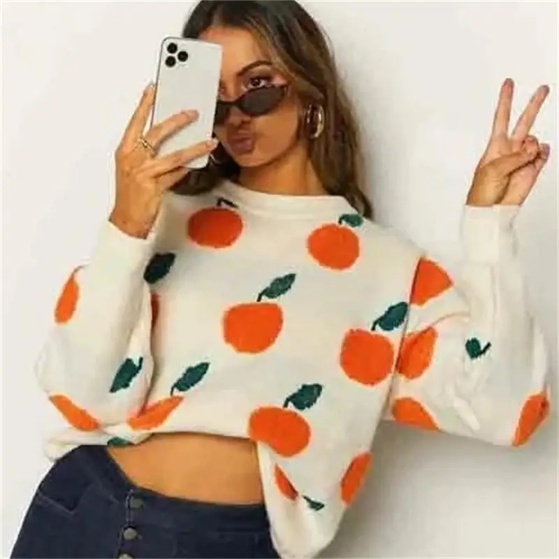 Autumn and Winter Sweater Orange Jacquard Pattern Pullover Long-sleeved Sweater Women's Turtleneck Sweater Knit Sweater Mujer knitted polo collar women sweater loose striped jersey mujer pullover women sweater mujer autumn winter casual long sleeve top