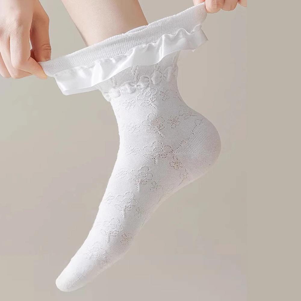 Pack of 5 Pairs Lolita Socks White Bow Lace Socks Middle Tube Japanese College Style Princess Sweet JK Cute Streetwear