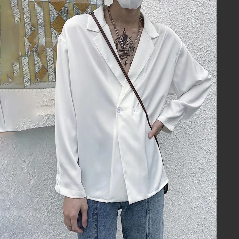 Men's Black Satin Luxury Formal Dress Shirts French Silk Smooth Men Deep V Shirt Blazer Collar Top Party Prom Casual Wear Homme