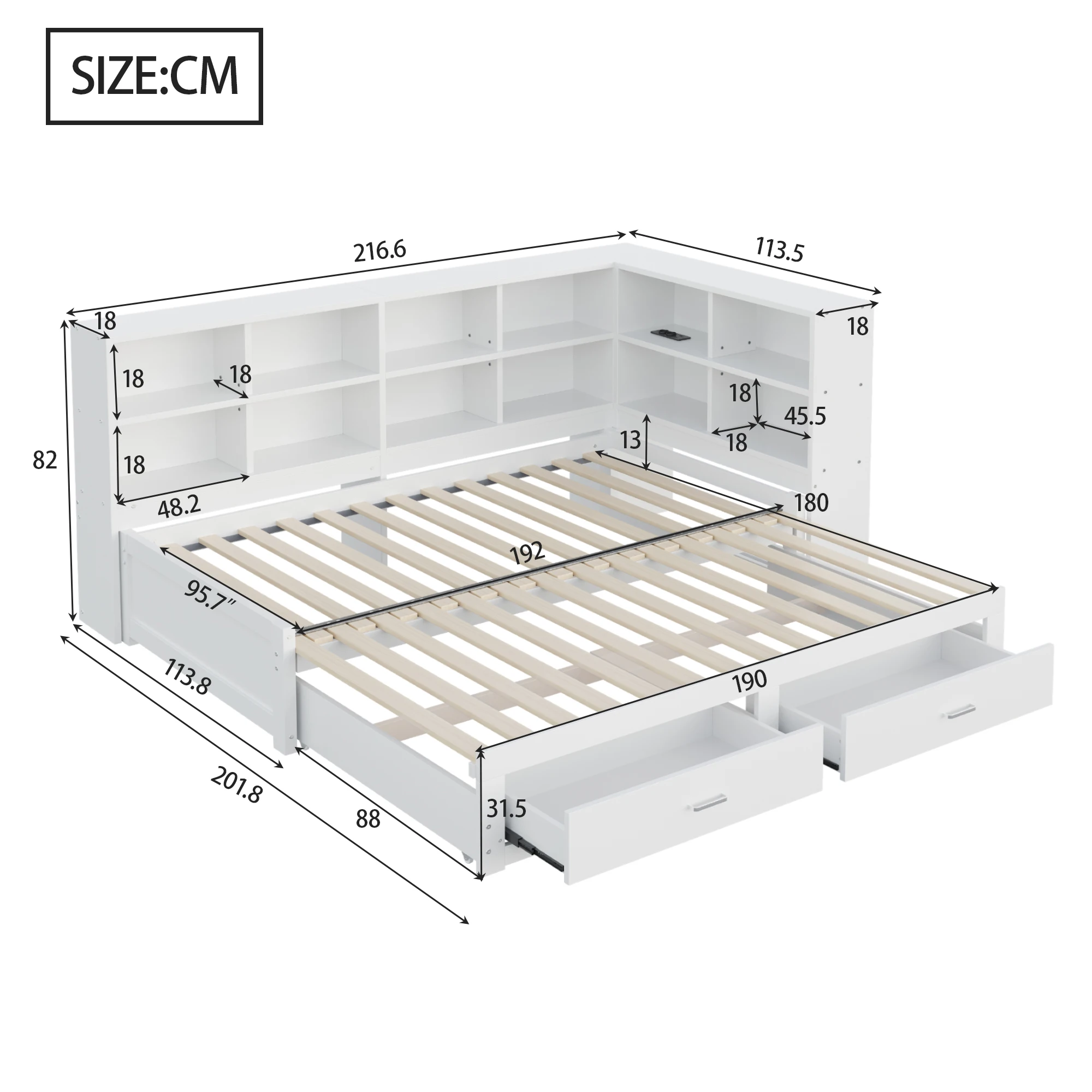 KOMHTOM Multifunktionales Einzelholzbett 90x180x190 cm mit ausziehbarem Bett Staufach multifunktionaler Euro Steckdose Schublade – Detail 9