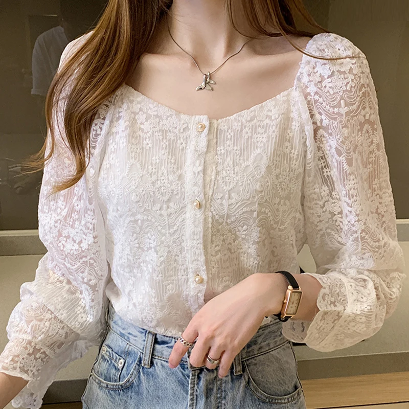 Long Sleeve White Hollow Lace Blouse Shirt Women Tops Blusa Blusas Mujer De Moda 2021 Womens And Blouses D845 | Женская одежда