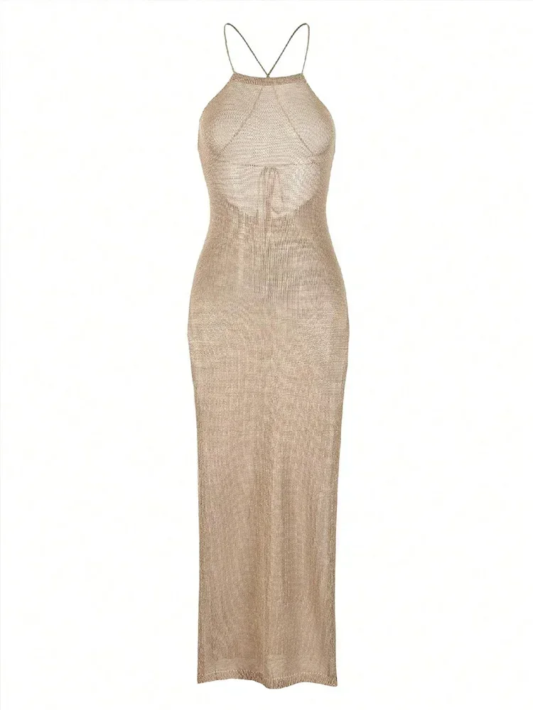 Sexy See Through Knit Backless Lace-up Split Bodycon Beach Dress 2026 Summer Women Solid Halter Holiday Swimwear Cover-ups A2797 5