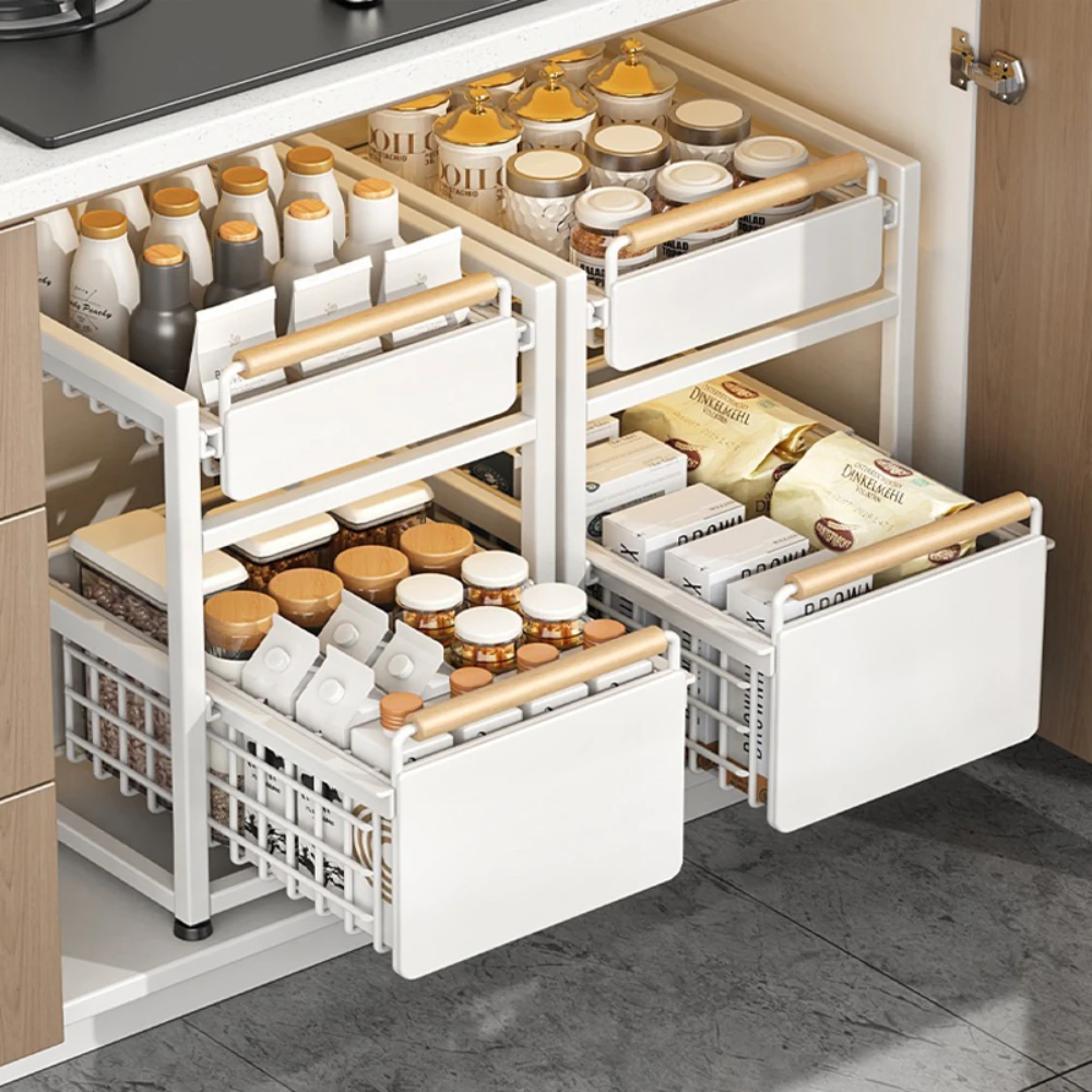 Storage Rack Sink Kitchen Under Sinks Organizer Shelf Pull-Out Layered Seasoning Racks Multipurpose Slide-out Cabinet