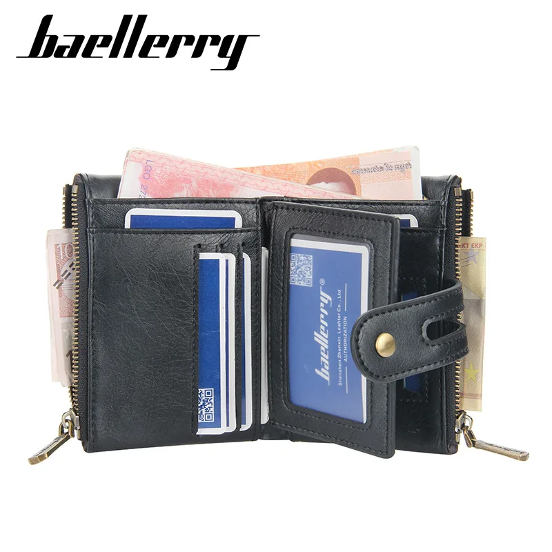 New Men's Short Wallet Premium Business Dual Zip PU Retro