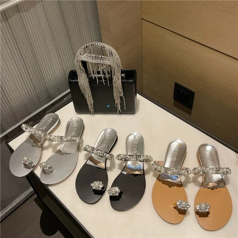 

Fairy Style Clip Toe Sandals for Women New One Line with Pearl Rhinestone Flat Bottomed Toe Slope Sandals for Women