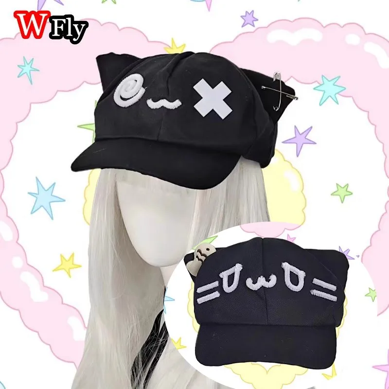 Harajuku woman girl fluffy Y2K cute subculture Emoticons kitten ear fish decoration  summer baseball cap hat beret