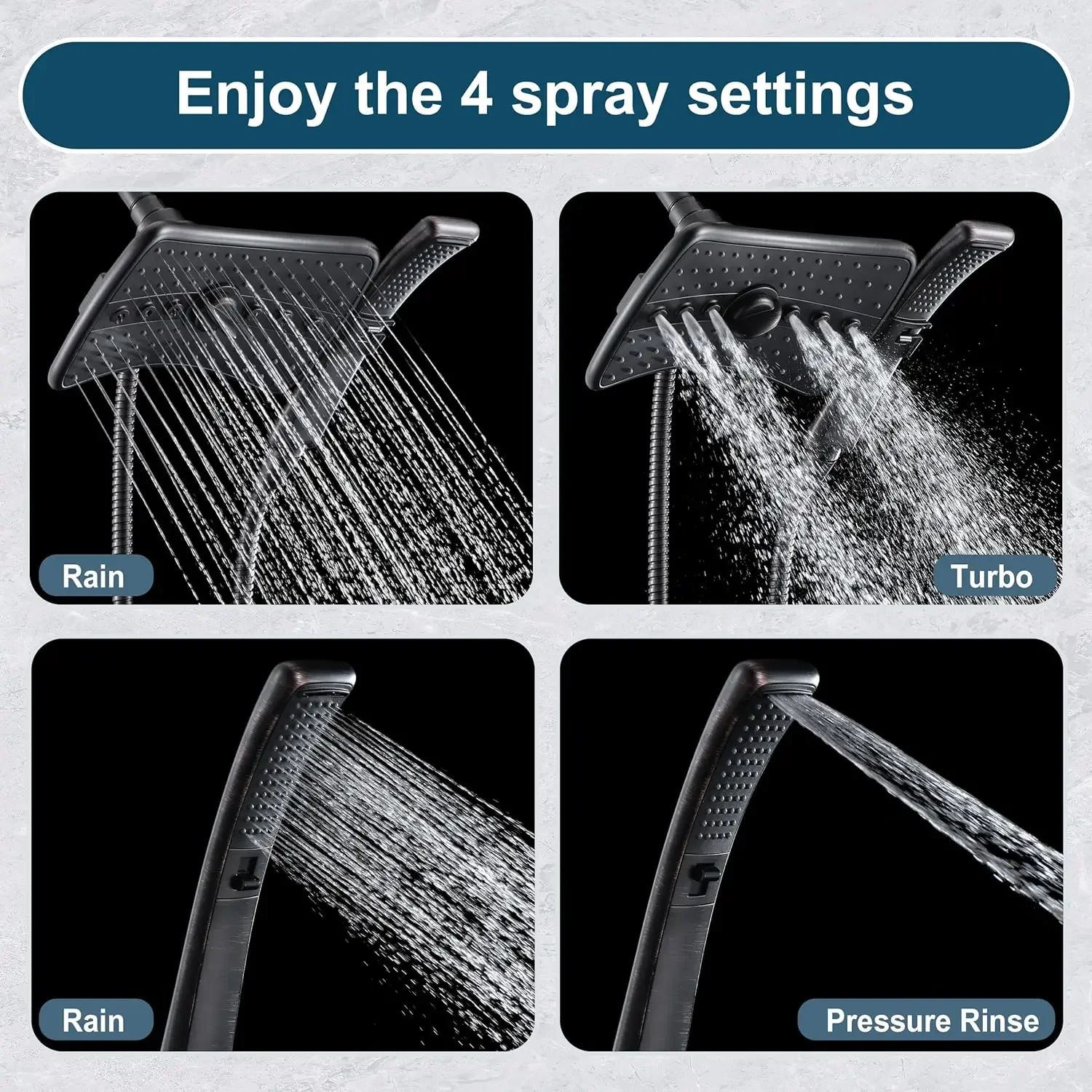 Four Spray Settings Shower Head Set Oil Rubbed Bronze and Black Finishing with 60" Long Stainless Steel Shower Hose 3