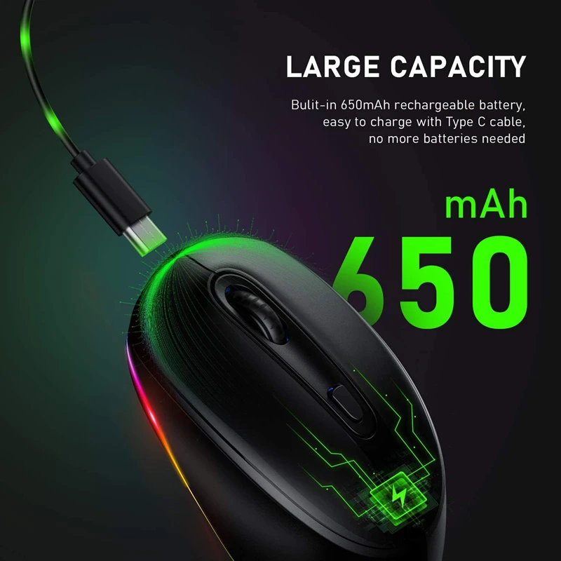 650mAh 충전식 배터리가 장착된 RGB 무선 마우스 인체공학적 광학 게이밍 마우스 노트북 PC 게임용 2.4G 무선 연결