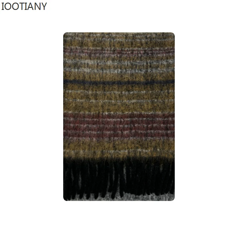 IOOTIANY New Autumn And Winter Warm Scarf Wool Blended Saturn Striped Scarve Women\'s Casual Fringed Plaid Shawl