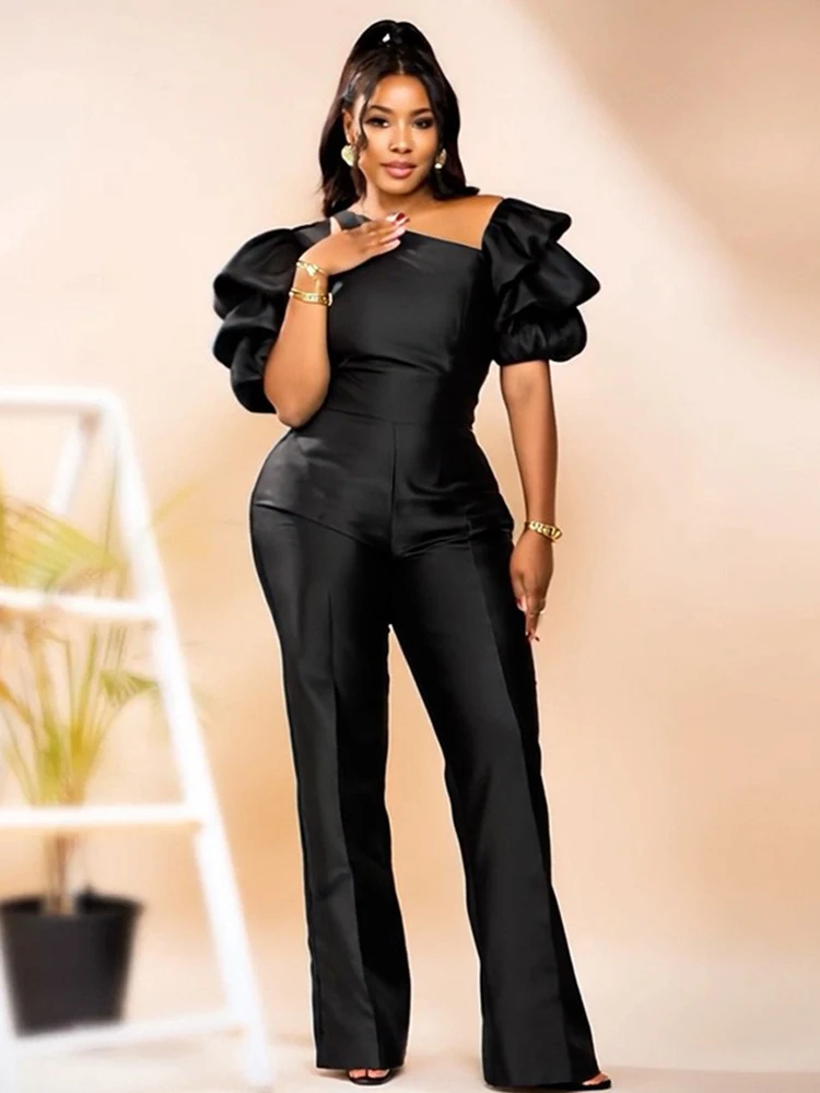 Satin Jumpsuit Woman High Quality Slash Neck Puff Sleeves Party Jumpsuits  Woman Elegant Luxury Curvy Evening Jumpsuit Dress - AliExpress 200000345