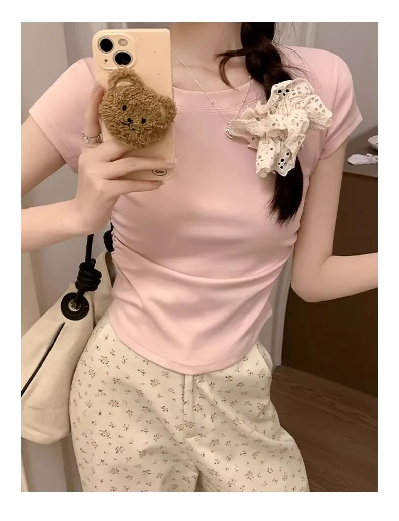 Women's Basic Solid Crop Top Short Sleeve Crewneck Skinny T-shirt Summer Casual Y2K Vintage Harajuku Streetwear