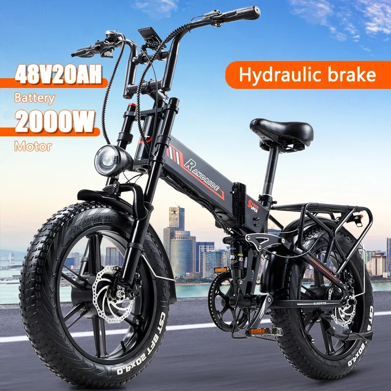 RANDRIDE YX20M-2 Electric Bike 1000W*2 Motor 20*4.0'' Fat Tires E-Bike 45km/h Max Speed 48V 20Ah Battery 50-60km Max Range