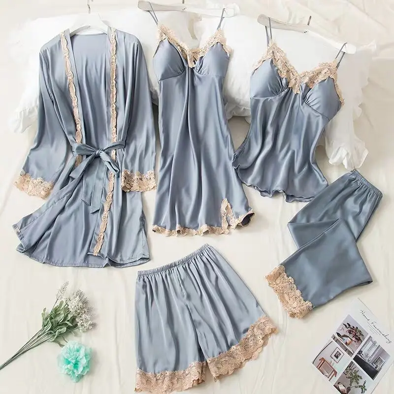 nightgowns Pajamas Women's Summer Sexy dress sets 5 Piece Set of Ice Silk Thin Style Pajamas Spring and Autumn