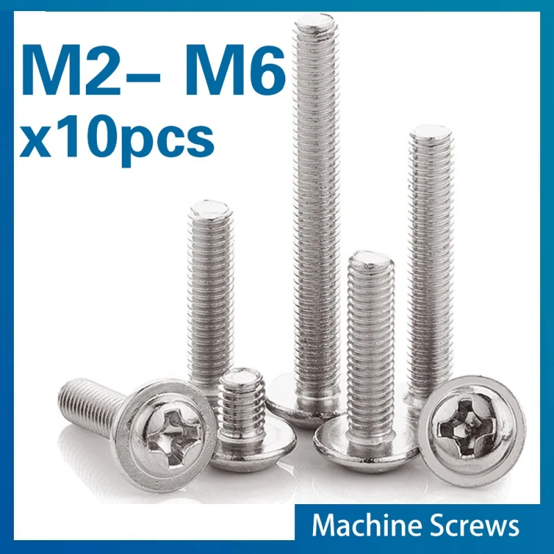 10pcs/lot A270 Stainless Steel PWM Phillips Pan Round Truss Head With Washer Collar Screw Bolt