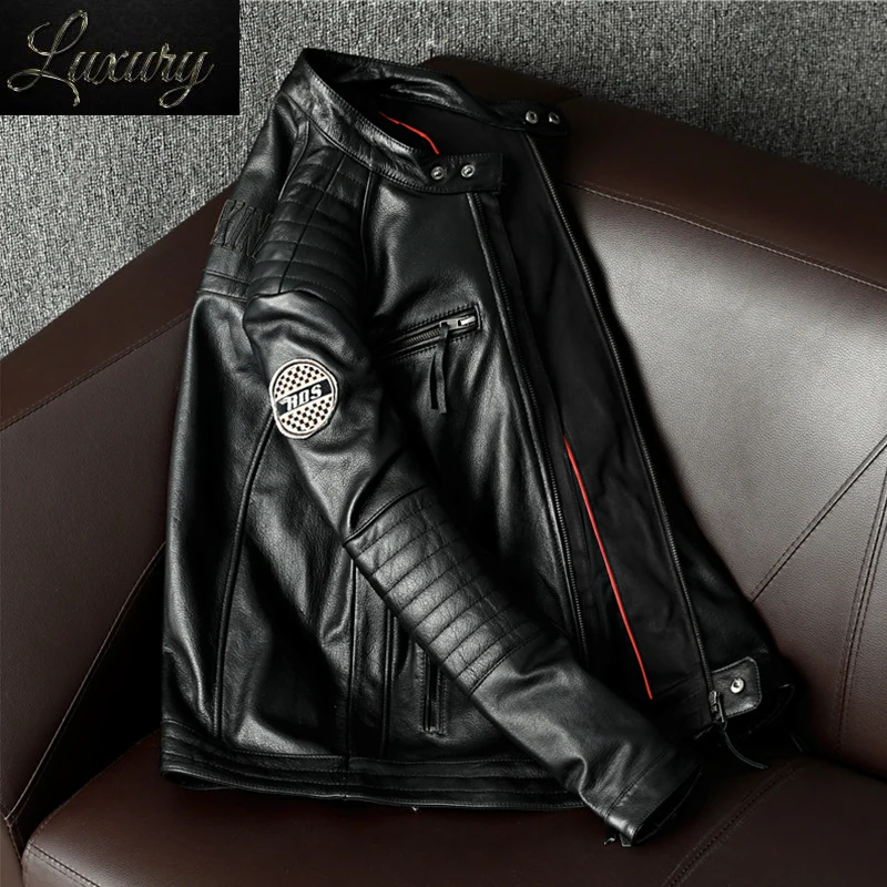 

Бесплатная доставка! Мужская облегающая куртка из воловьей кожи с вышивкой