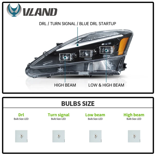 VLAND Car LED Headlights Assembly for Lexus IS250 IS350 C ISF 2006-2013 bule DRL Auto Styling Front Lamps Accessories Lights 3