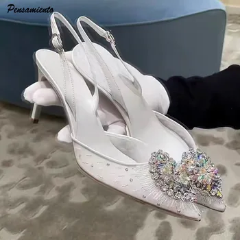 Luxury Diamond Pearls Lace Mesh Women Pumps Elegant Pointed toe Thin High heels Fashion Summer Slingbacks Wedding Party Shoes 1